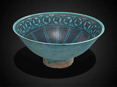 Turquoise Ceramic Bowl Featuring Intricate Decorative Patterns And Light Colored Base 3d model