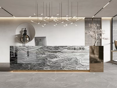 Hotel Lobby Interior Design With Marble Reception Desk Modern Chandelier And Decorative Lighting Elements 3d model
