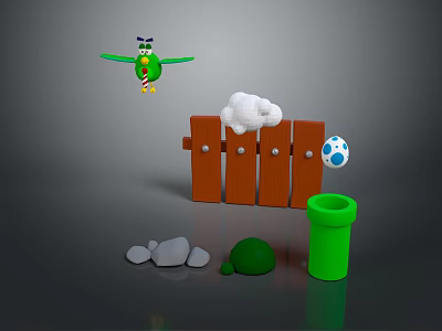 Playful Green Bird Scenery With Wooden Fence White Cloud Blue And White Egg Gray Stones 3d model