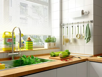 Hanging Kitchen Utensils In Modern Kitchen With White Tiled Walls And Fresh Vegetables 3d model