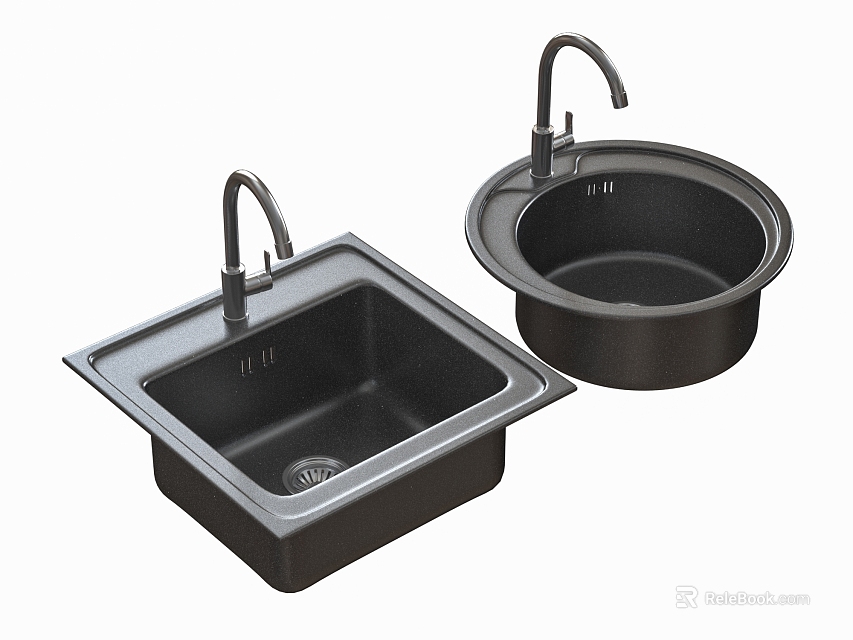 Black Square and Round Kitchen Sinks with Faucets for Modern Kitchen Use 3d model 