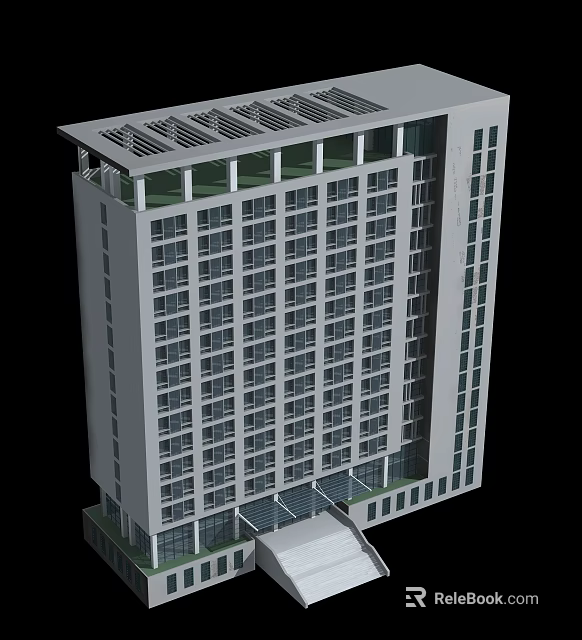 Modern High Rise Office Building With Glass Curtain Wall And Grid Roof Design 3d model 