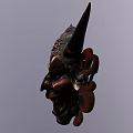 Traditional Horned Mask Sculpture With Intricate Carved Patterns Dark Red Brown Finish Handcrafted Artistic Design