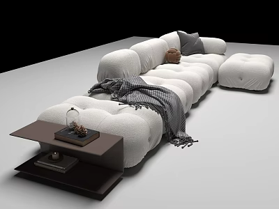 Modern Living Room With White Sofa Decorative Pillows And Wooden Coffee Table 3d model