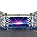 Stage Truss Lighting System With Purple Blue Light Effects And Backdrop