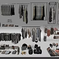 Various Stylish Clothes with Hanging Jackets Pants Folded Items and Accessories on Racks