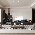 Elegant Modern Living Dining Room Interior With Sofa Coffee Table And Patterned Rug 3d model