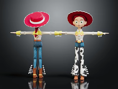 Toy Cowgirl Characters With Red Hats Blue Jeans And Cow Print Pants Arms Outstretched 3d model