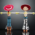 Toy Cowgirl Characters With Red Hats Blue Jeans And Cow Print Pants Arms Outstretched