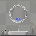 Bathroom Washbasin with Round Backlit Ornate Mirror Digital Display Temperature Time Gray Tiled Wall Accessories