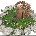 Traditional Wooden Waterwheel In Garden Pond With Lotus Leaves Flowers And Fish Around Rocks