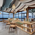 Modern Cafe Interior Design With Pendant Lights Large Windows And Wooden Tables Chairs
