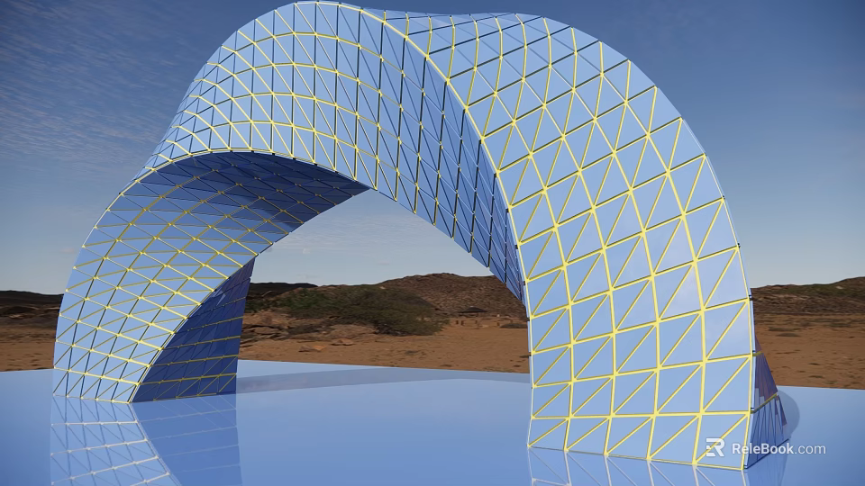 Blue Geometric Grid Archway Structure With Desert Landscape And Sky Reflection 3d model 