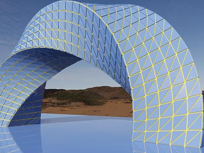 Blue Geometric Grid Archway Structure With Desert Landscape And Sky Reflection 3d model