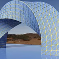 Blue Geometric Grid Archway Structure With Desert Landscape And Sky Reflection 3d model