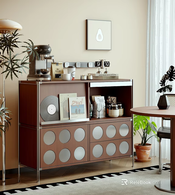 Brown Wooden Sideboard With Round Metal Panels Vintage Cameras Coffee Machine Vinyl Record And Plants 3d model 