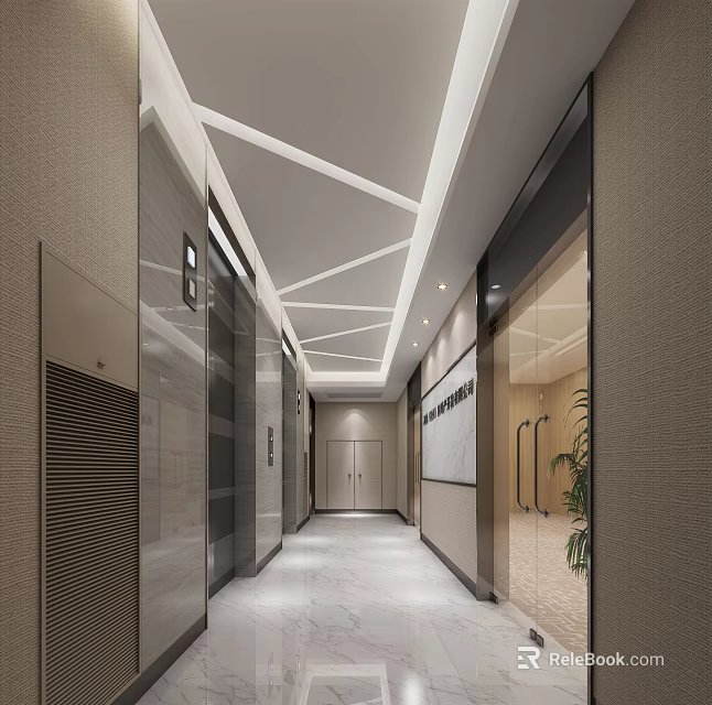 Modern Office Corridor With Geometric Ceiling Glass Doors Elevators And Potted Plant 3d model