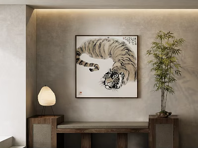 New Chinese Animal Painting Traditional Chinese Painting Tiger Art Hanging Painting Beast Table Lamp Green Plant Ornaments 3d model