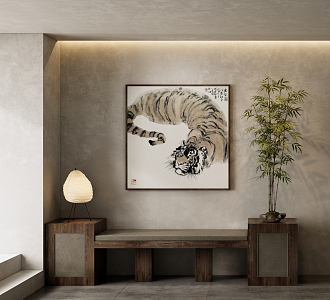 New Chinese Animal Painting Traditional Chinese Painting Tiger Art Hanging Painting Beast Table Lamp Green Plant Ornaments 3d model