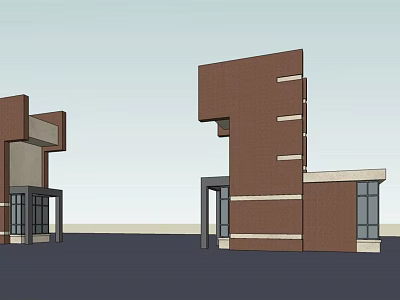 Modern Red Brick Entrance Gate With Geometric Design And Glass Doors 3d model