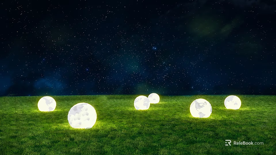 Moon Shaped Outdoor Lights Illuminating Green Grass Under Starry Night Sky 3d model 
