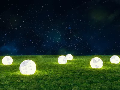 Moon Shaped Outdoor Lights Illuminating Green Grass Under Starry Night Sky 3d model