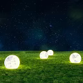Moon Shaped Outdoor Lights Illuminating Green Grass Under Starry Night Sky
