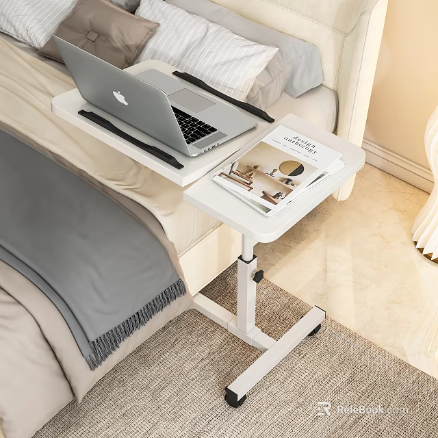 White Rolling Functional Desk with Laptop Pen and Magazine for Bedside Work 3d model 