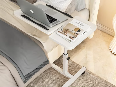 White Rolling Functional Desk with Laptop Pen and Magazine for Bedside Work 3d model
