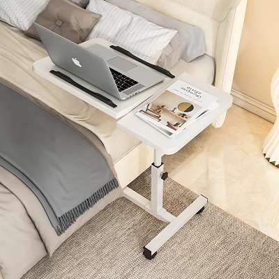 White Rolling Functional Desk with Laptop Pen and Magazine for Bedside Work 3d model