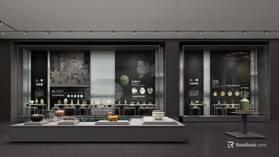 Modern Ceramic Showroom Displaying Various Exhibits On Counters And Wall Decorations 3d model 