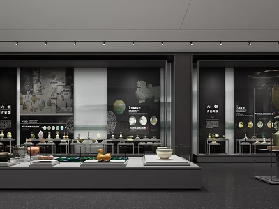 Modern Ceramic Showroom Displaying Various Exhibits On Counters And Wall Decorations 3d model