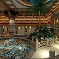 Elegant SPA Sauna Interior Design With Round Pool Stone Walls Wooden Ceiling And Green Plants