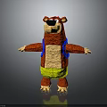 3D Red Bear with Black Nose Brown Belly Blue Suspenders Yellow Shorts Standing Arms Outstretched