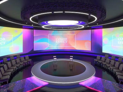 Modern Studio Setup With Large Color Effect Screens Round Stage And Chairs 3d model