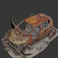 Burnt Rusty Car Wrecked Front With Open Doors On Snowy Ground And Debris