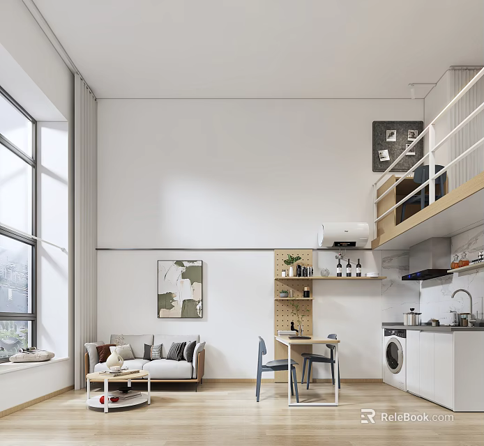 Spacious Loft Apartment With Modern Interior Large Windows Living Kitchen Area 3d model 