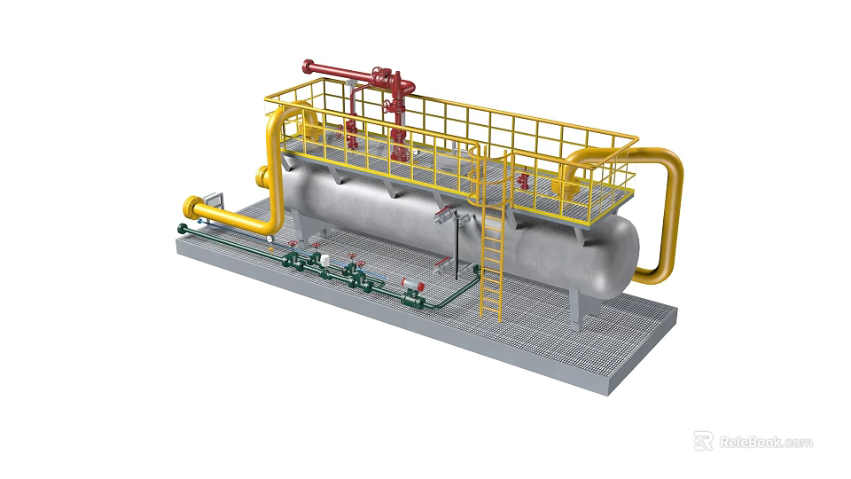 Industrial Storage Tank Equipment With Yellow Pipes Red Valves Railings Platform And Ladder 3d model 