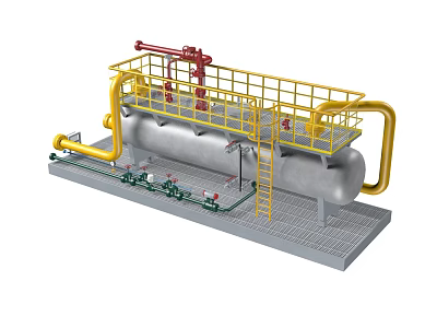 Industrial Storage Tank Equipment With Yellow Pipes Red Valves Railings Platform And Ladder 3d model