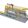Industrial Storage Tank Equipment With Yellow Pipes Red Valves Railings Platform And Ladder