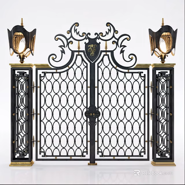 Ornate Wrought Iron Entrance Gate With Intricate Scrollwork And Decorative Lanterns 3d model 