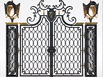 Ornate Wrought Iron Entrance Gate With Intricate Scrollwork And Decorative Lanterns 3d model