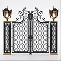 Ornate Wrought Iron Entrance Gate With Intricate Scrollwork And Decorative Lanterns
