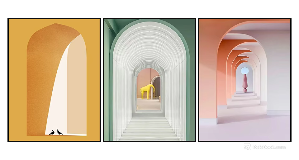 Colorful Arched Corridors Featuring Sculptures Figures And Birds In Various Hues 3d model 