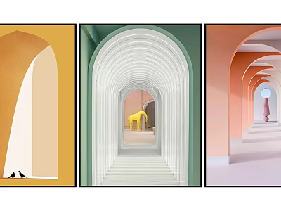 Colorful Arched Corridors Featuring Sculptures Figures And Birds In Various Hues 3d model