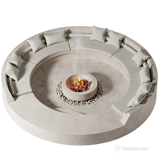 Cozy Circular Sofa With Cushions Around Fire Pit With Flames And Pebbles 3d model