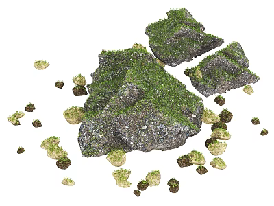 Natural Stone and Wood Decor Elements With Moss Covered Rocks and Small Blocks 3d model