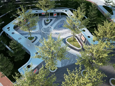 Modern Geometric Park Landscape With Trees Pathways And Seating Areas 3d model
