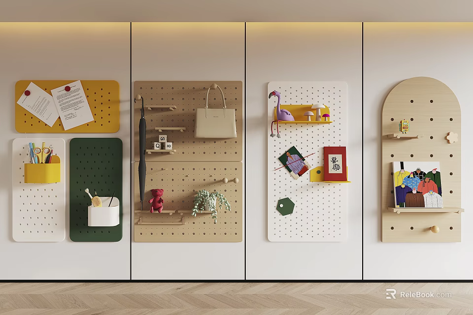 Colorful Pegboard Wall Decor with Hanging Bags Umbrella Photos Stationery for Modern Home Organization 3d model 