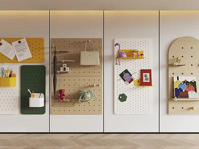 Colorful Pegboard Wall Decor with Hanging Bags Umbrella Photos Stationery for Modern Home Organization 3d model